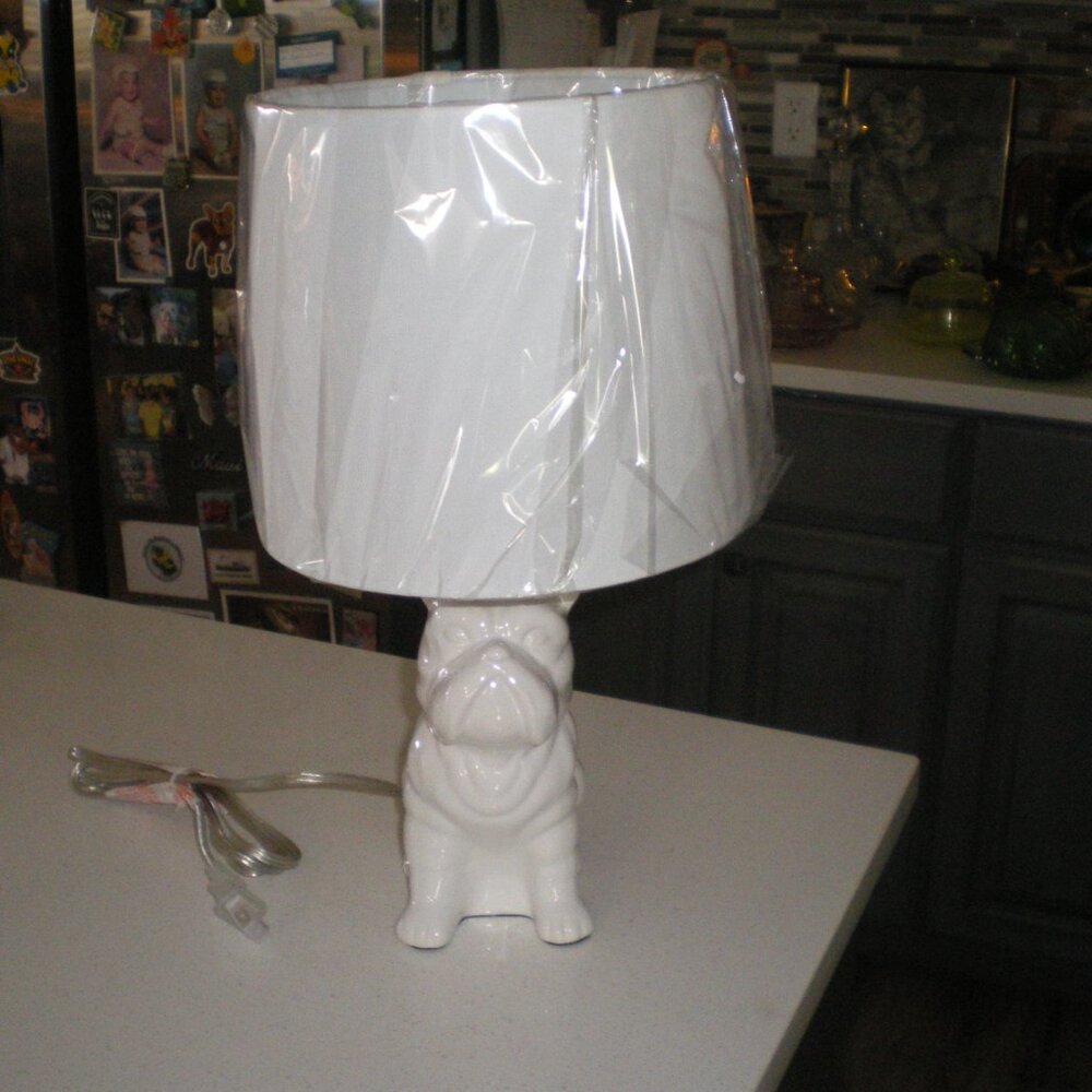 Darling NEW in Plastic White French Bulldog Lamp  16" Tall Including Shade